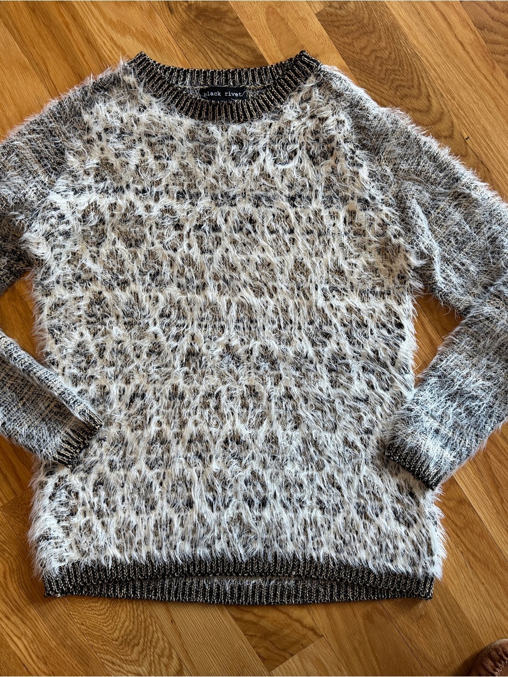 Black Rivet Heathered Gray and White Fuzzy Crewneck Sweater cozy cottage boho